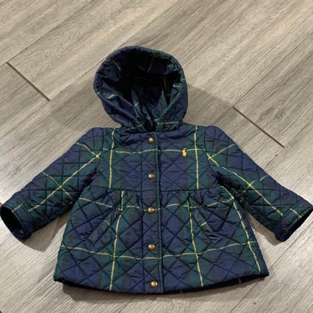 Ralph Lauren Classic Green & Blue Plaid Girls A-Line Hood Puffer Coat Size 18m